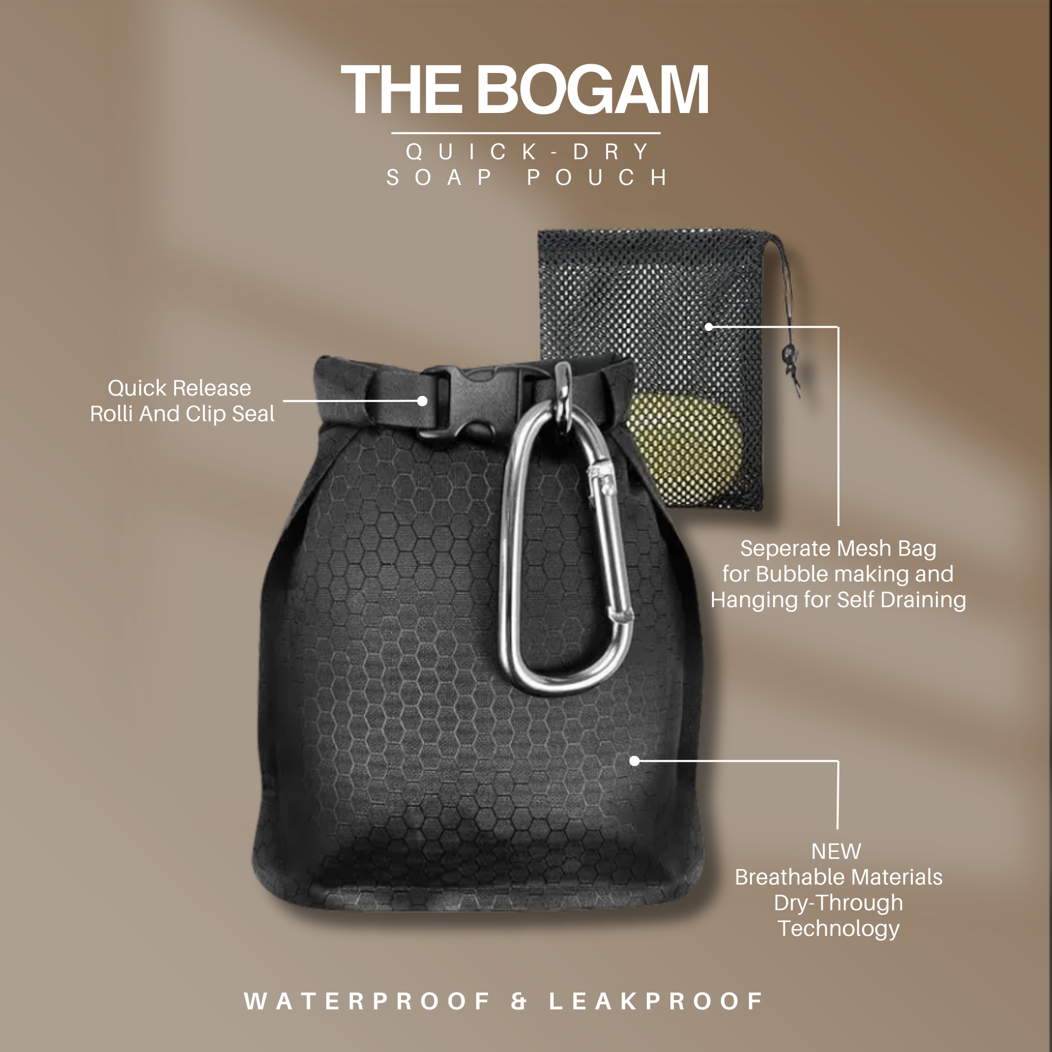 Waterproof Soap Travel Bag/Quick-Dry case with Carabiner, Mesh Pouch - Leakproof Case for Soap Bars, Shampoo Bars, and Conditioner Bars