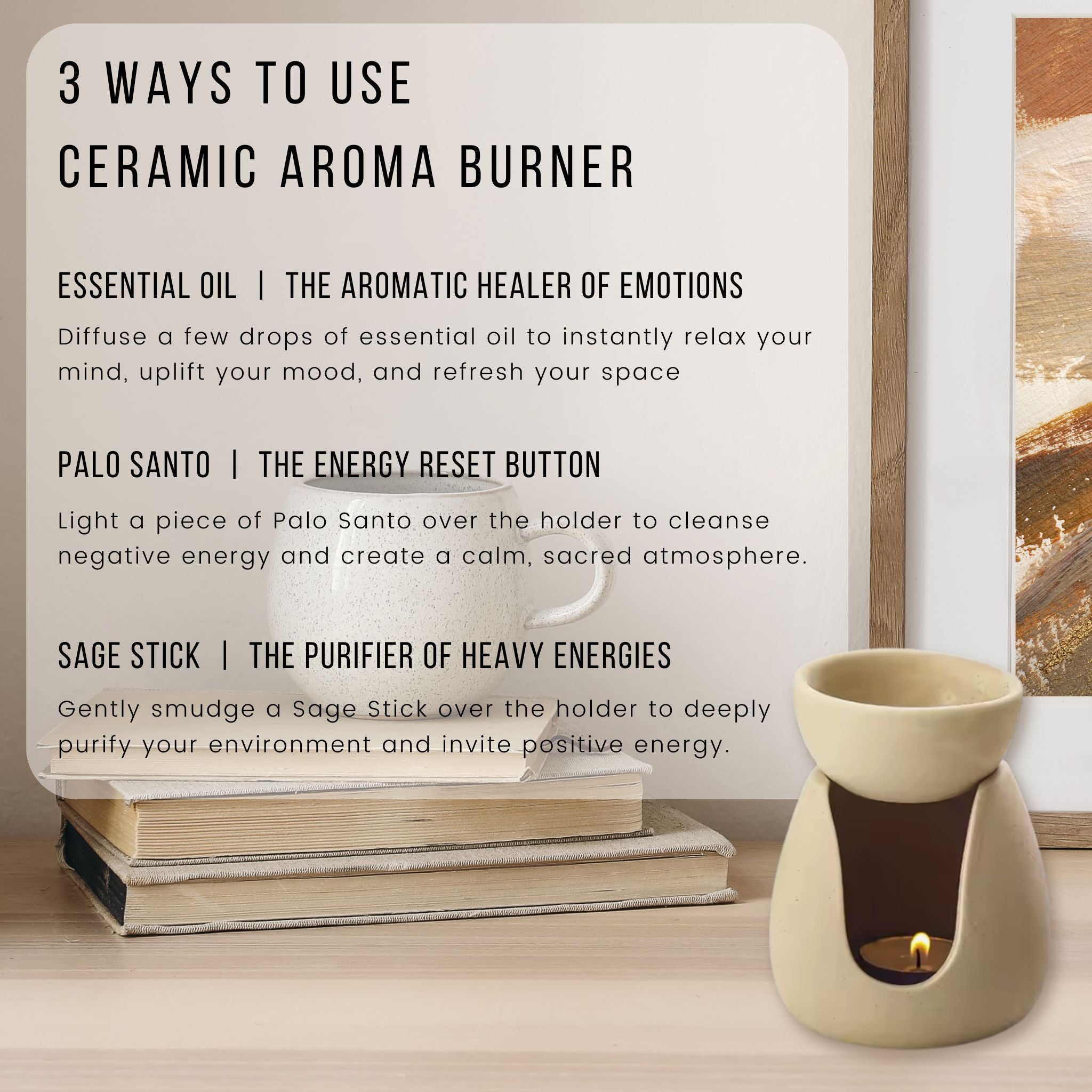 Minimalist Ceramic Oil and Wax Melt Burner | Palo Santo & Sage Stick Holder | Aroma Essential Oil Blend | Oil Warmer for Yoga