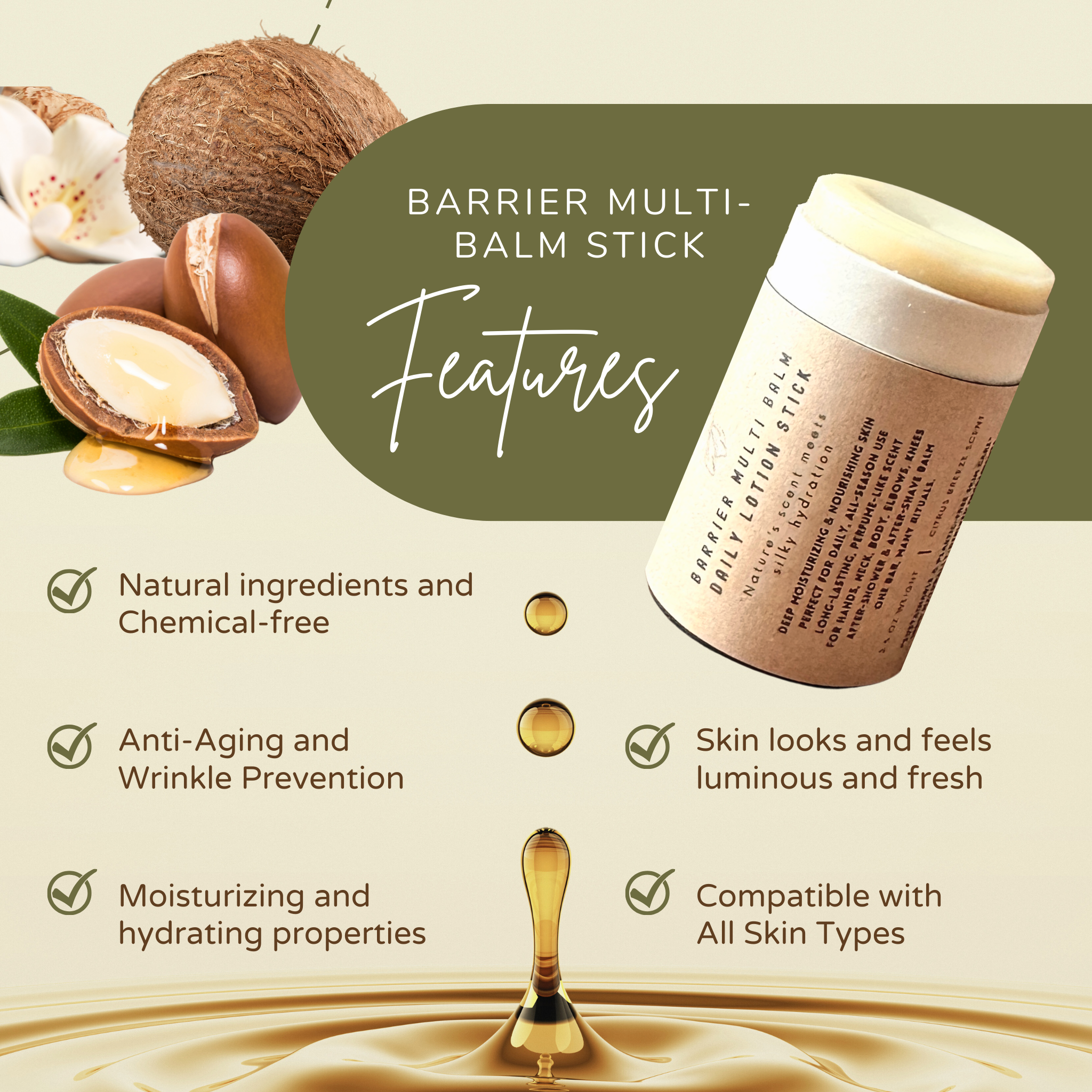 Solid Natural Moisturizer Stick | All-In-One Lotion Bar / Barrier Balm