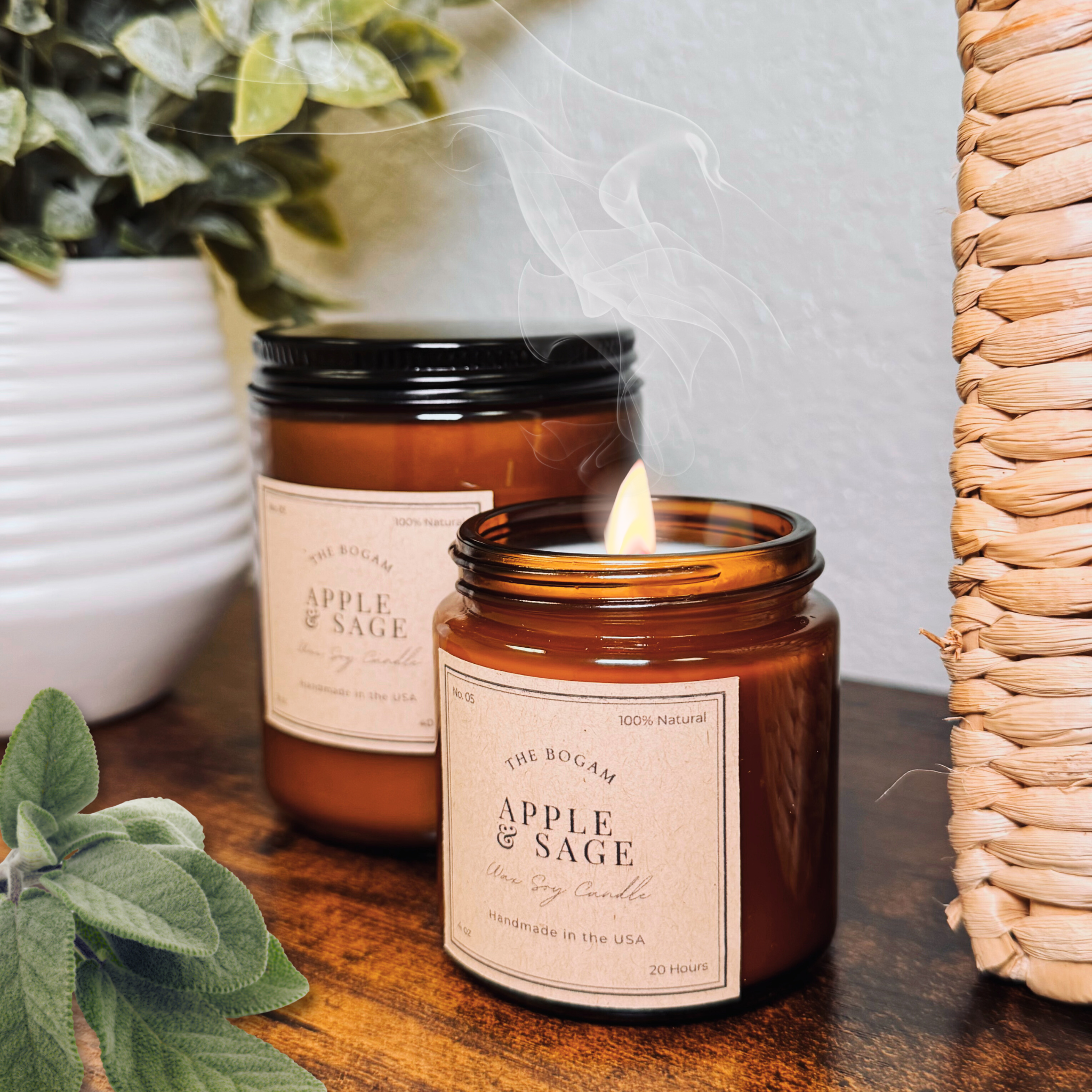 Apple & Sage Candle | 100% Soy Wax Candle in Amber Jar | Housewarming Gift