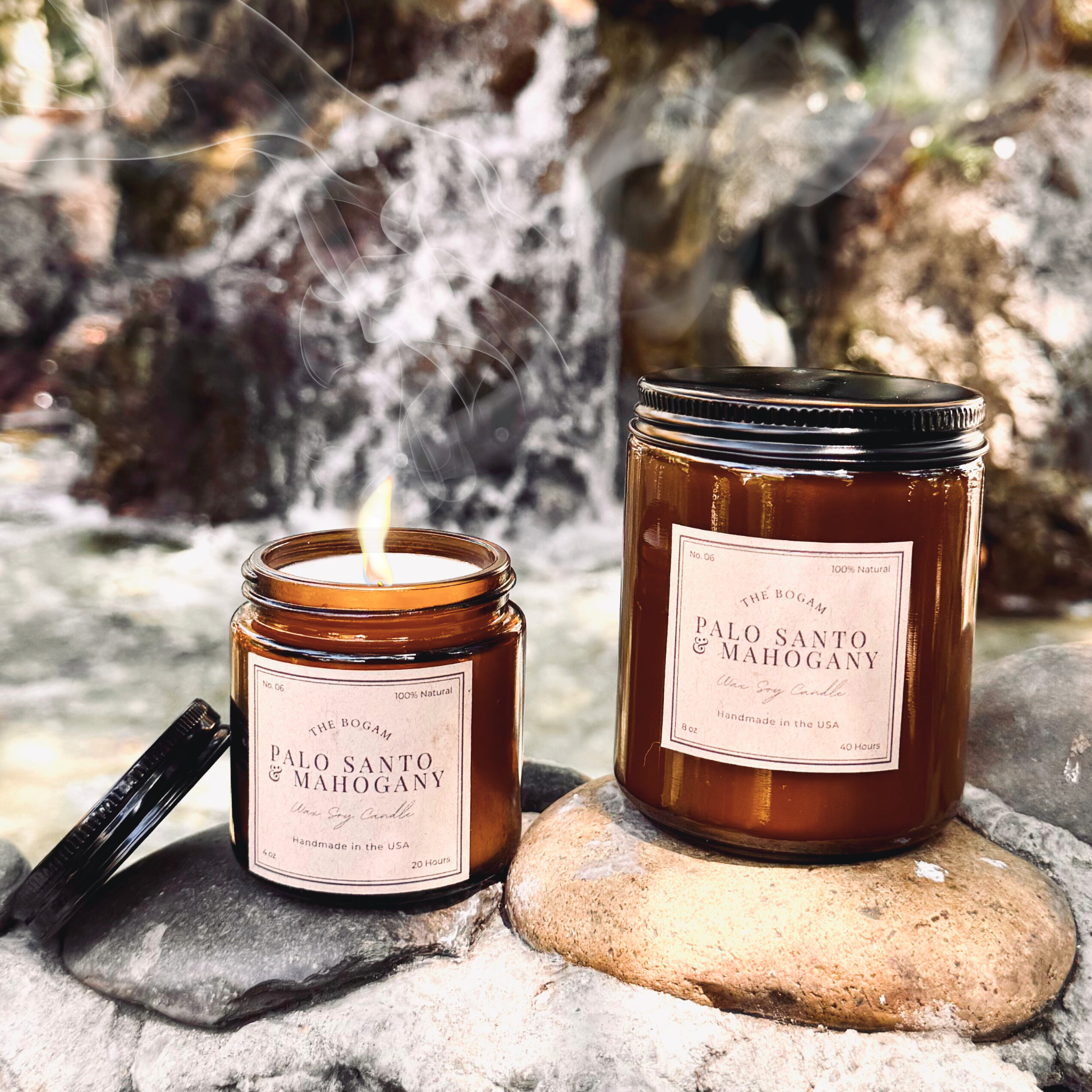 Palo Santo & Mahogany Candle | 100% Soy Wax Candle in Amber Jar | Housewarming Gift