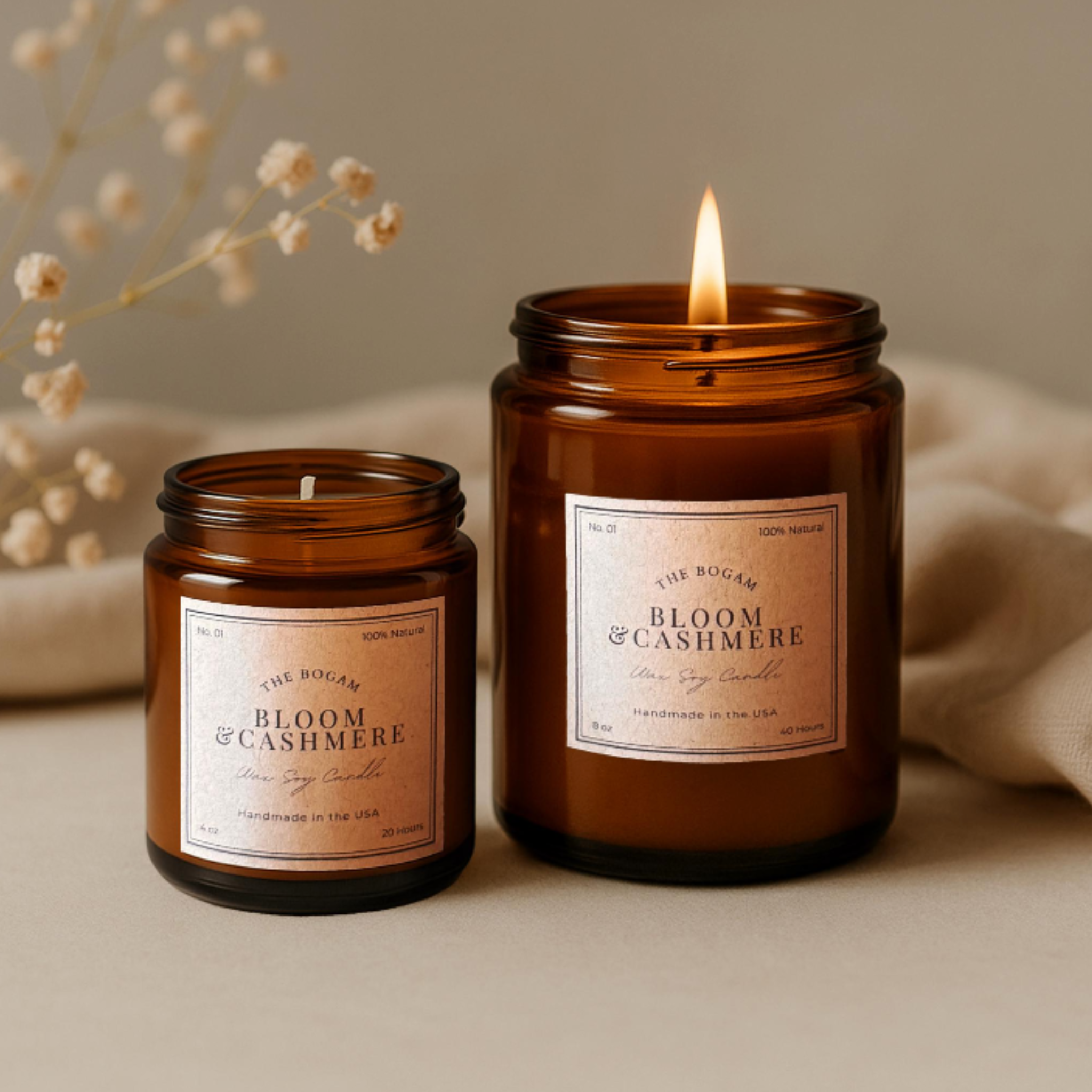 Bloom & Cashmere Candle | 100% Soy Wax Candle in Amber Jar | Housewarming Gift