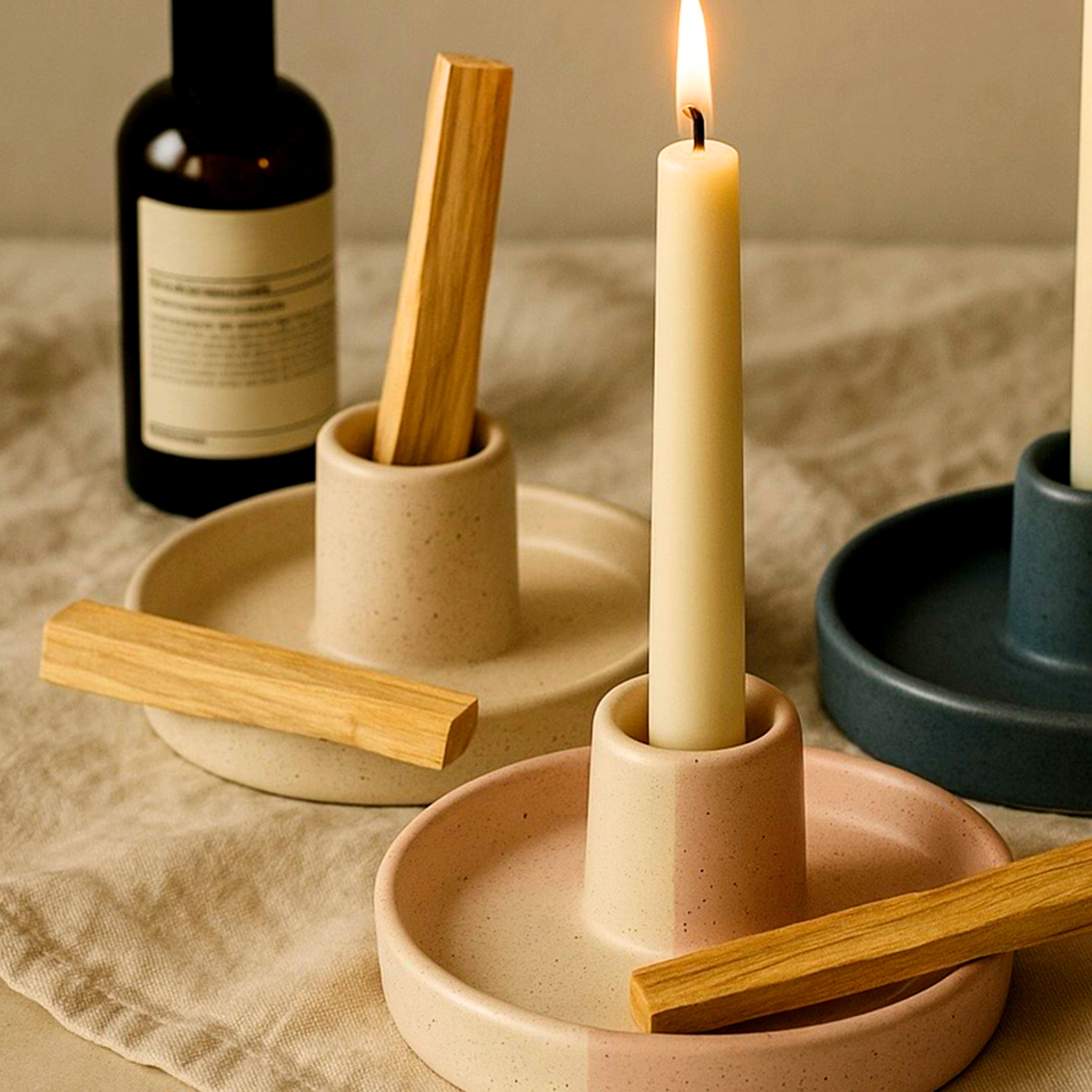 Handcrafted Ceramic Palo Santo & Taper Candle Holder — Minimalist Modern Design | Multi-Purpose Incense Burner Bowl | Modern Home Accent