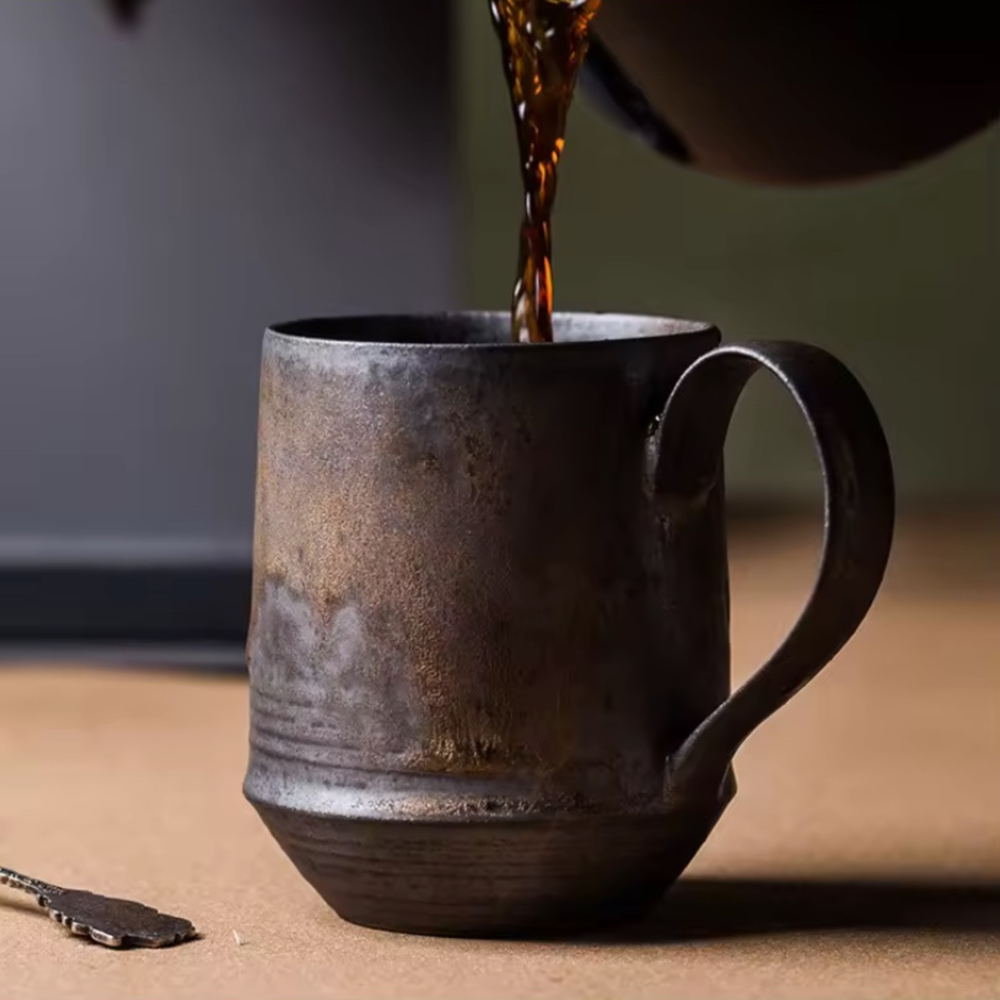 Artisan Iron-Glaze Ceramic Mug – Rustic Charcoal Finish