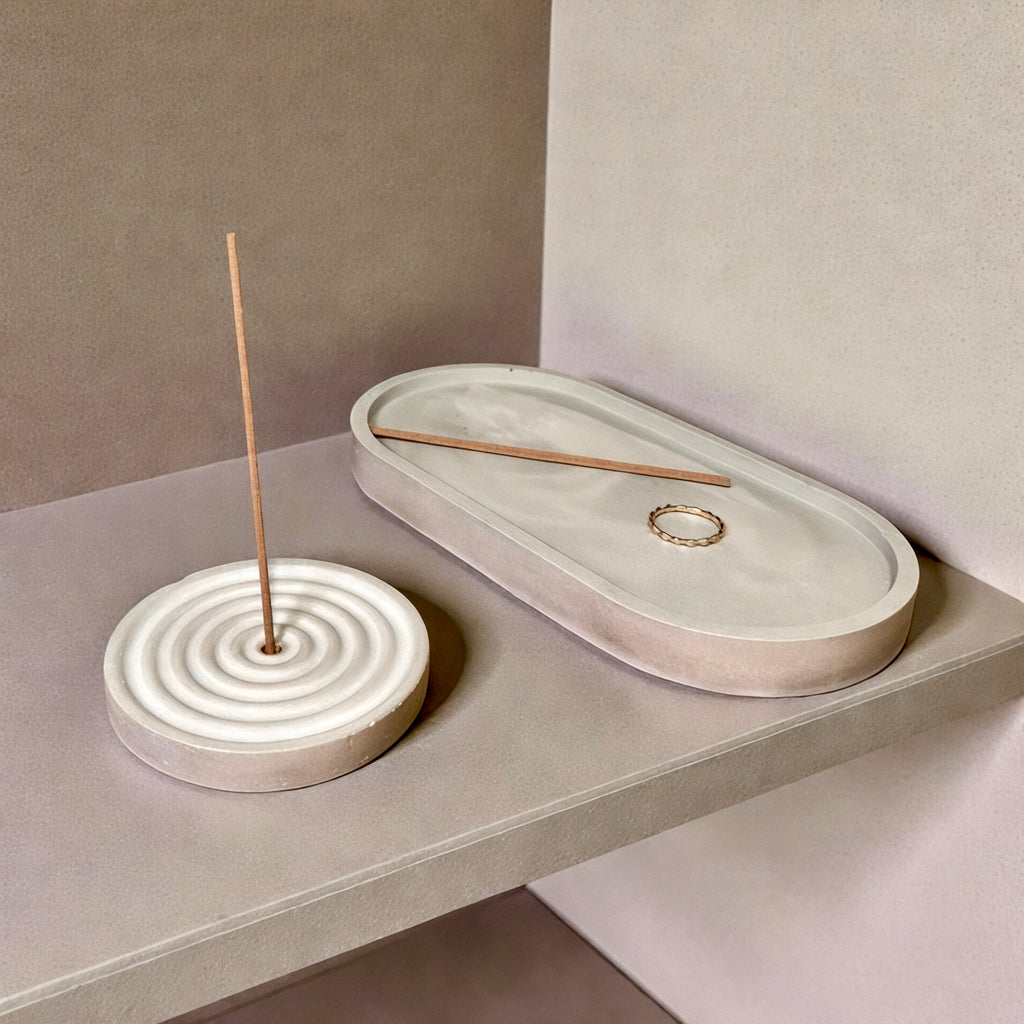 Minimalist Concrete Incense Holder & Multi-Use Tray Set | Handmade Cement Decor | Modern Zen Home Accent