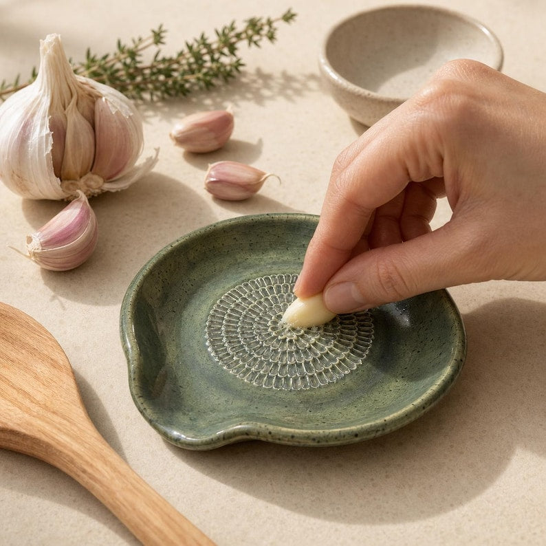 Handmade 2-in-1 ceramic spoon rest and garlic grater