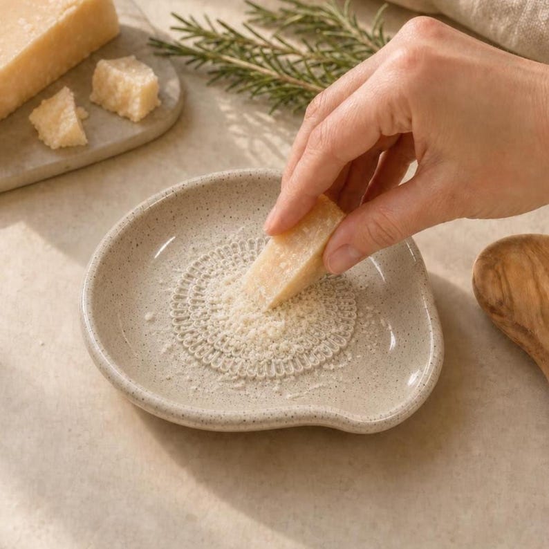 Ceramic garlic grater and spoon rest in a handmade kitchen setting