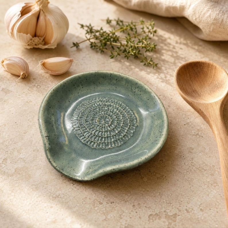 Compact handcrafted ceramic spoon rest and garlic grater
