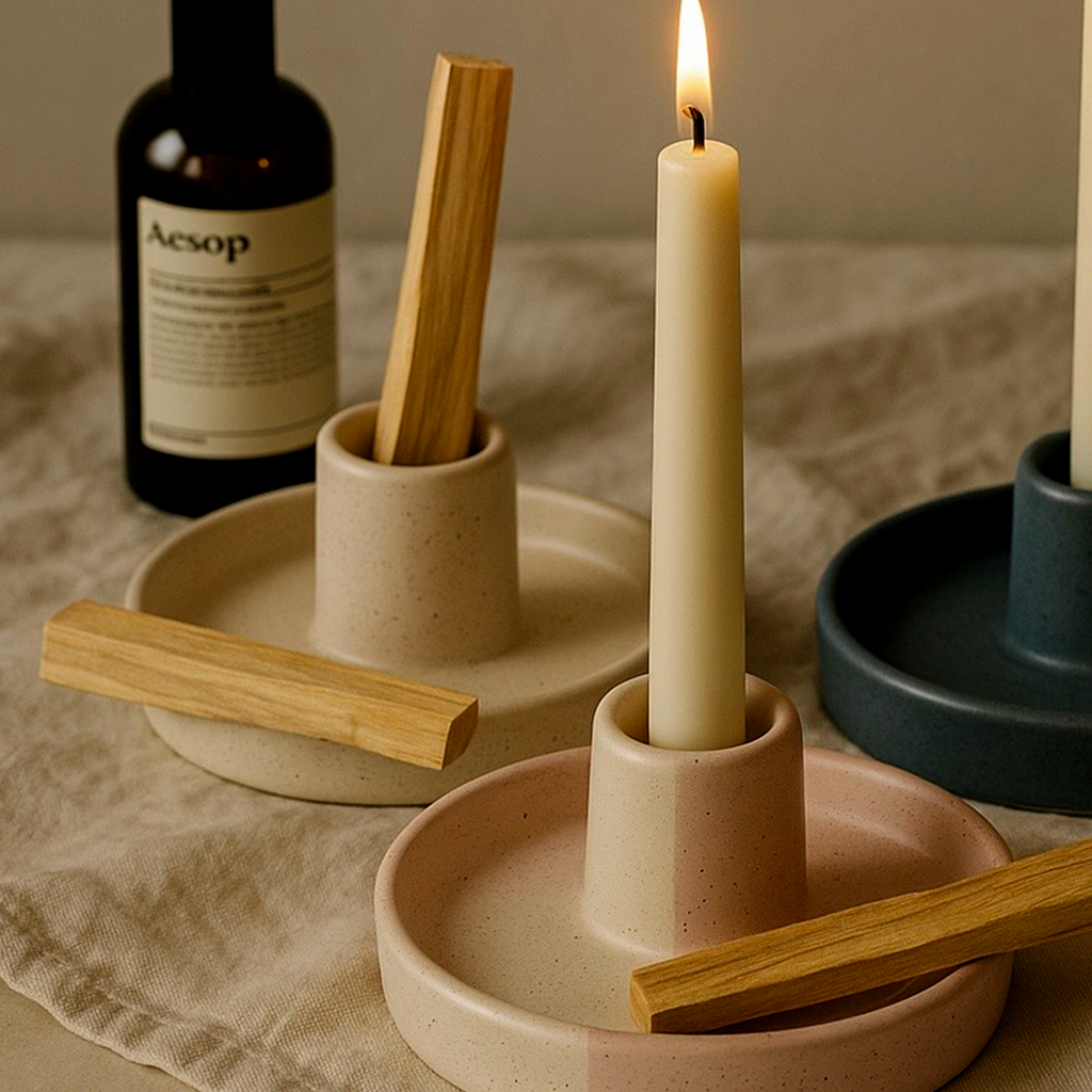 Handcrafted Ceramic Palo Santo & Taper Candle Holder — Minimalist Modern Design | Multi-Purpose Incense Burner Bowl | Modern Home Accent