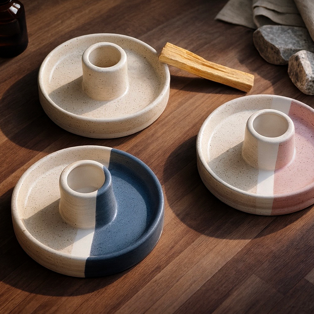 Handcrafted Ceramic Palo Santo & Taper Candle Holder — Minimalist Modern Design | Multi-Purpose Incense Burner Bowl | Modern Home Accent