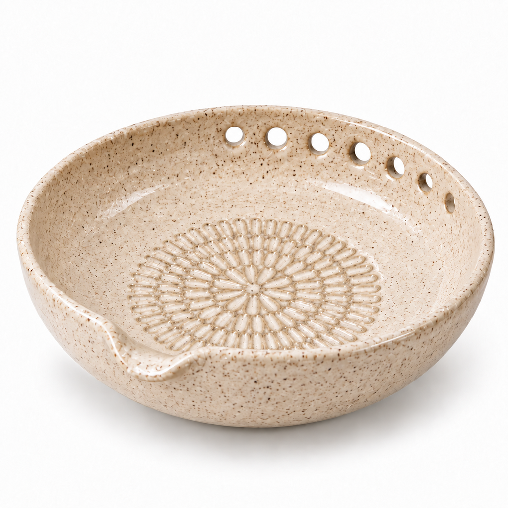 The Bogam handmade 3-in-1 ceramic garlic grater bowl in Oatmeal