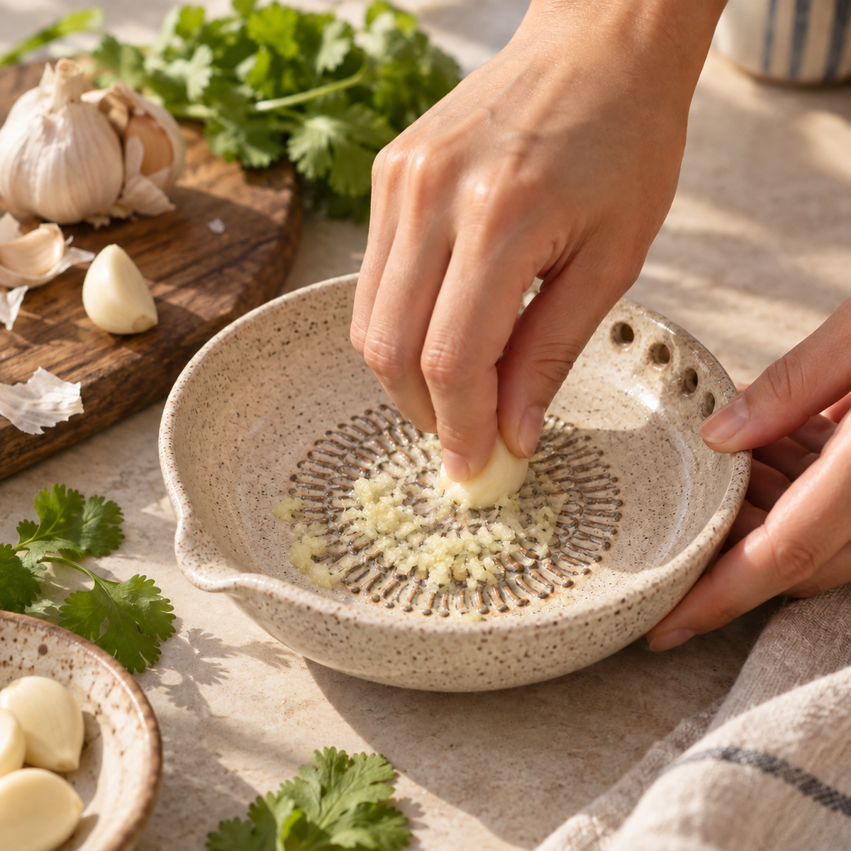 Oatmeal speckled handmade ceramic garlic grater bowl detail