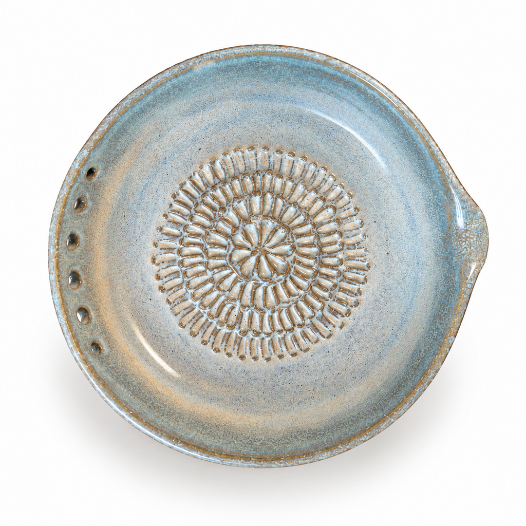 Oatmeal speckled ceramic garlic grater bowl grating fresh garlic