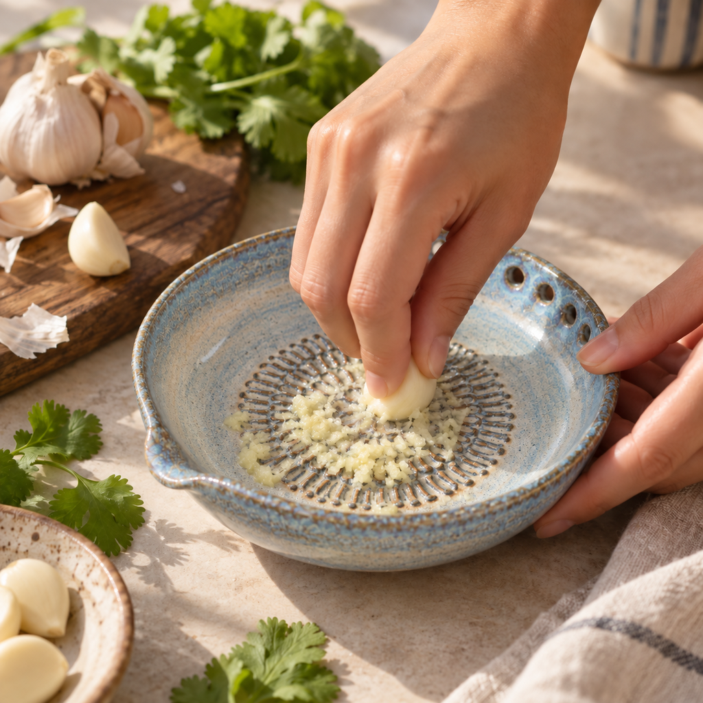 Sage handmade ceramic garlic grater bowl grating fresh garlic