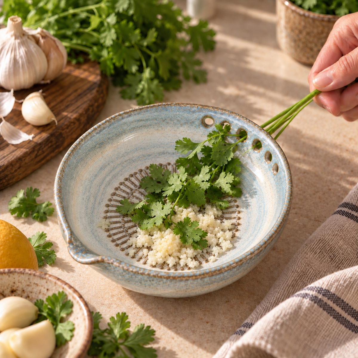 The Bogam Sage 3-in-1 ceramic garlic grater bowl with herb stripper in use