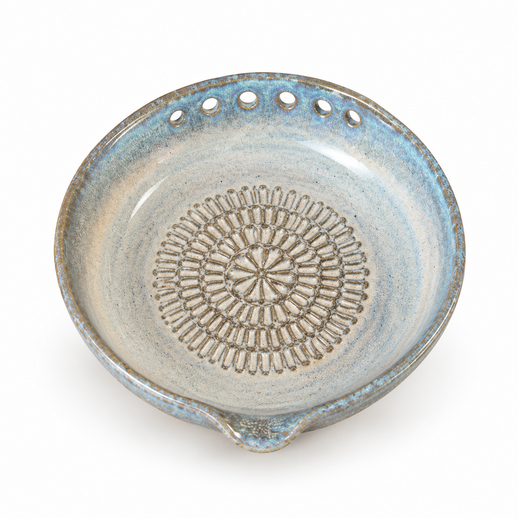 Top view of Sage handmade ceramic garlic grater and herb stripper bowl